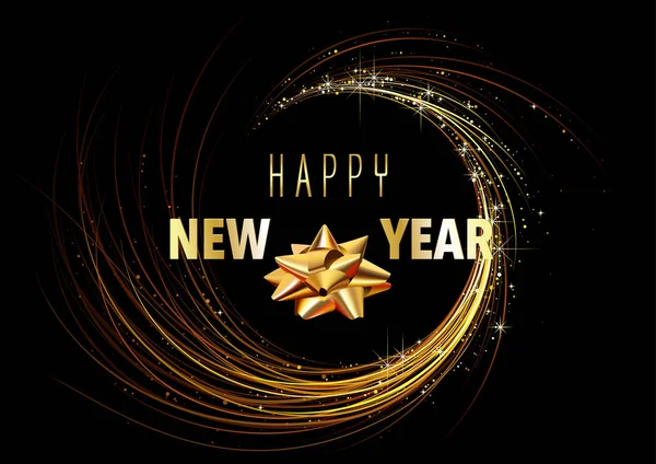 Šťastný Nový Rok Blahopřání Zlatou Spirálou Černém Pozadí Moderní Abstraktní — Stockový vektor