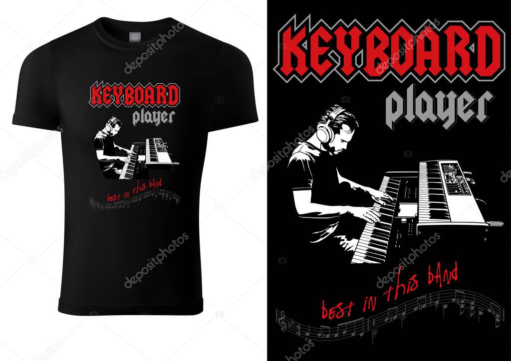 Black T-shirt with Sketch of Musician Playing on Synthesizer - Drawing Illustration for Printmaking T-shirt or Poster, Vector