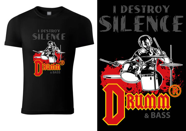 Black T-shirt with Drummer and Inscriptions - Graphic Illustration for Printing or Wallpaper and etc., Vector
