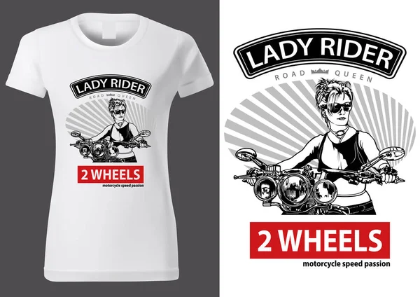 Diseño Camiseta Blanca Con Mujer Motociclista Inscripciones Diseño Gráfico Para — Archivo Imágenes Vectoriales