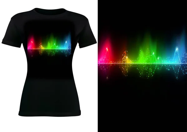 Schwarzes T-Shirt Design mit bunter Klangwelle — Stockvektor