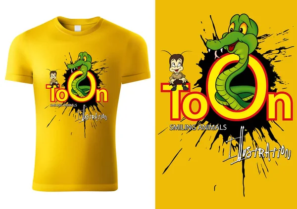 带有卡通蛇角色的黄色儿童T恤设计 愉快的异质图解 — 图库矢量图片