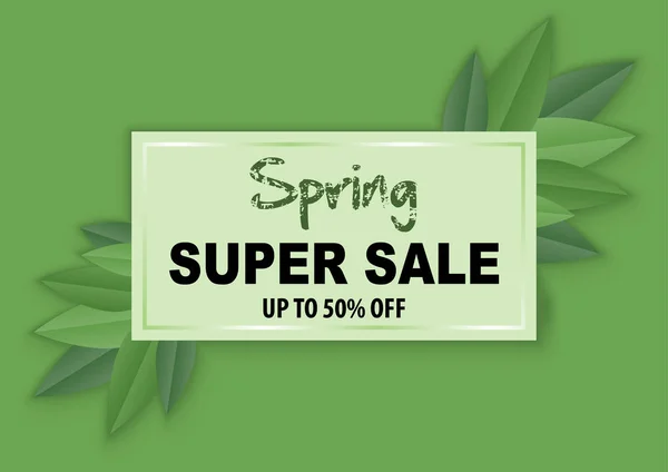 Spring Sale Banner Med Papper Blad Grön Bakgrund Modern Illustration — Stock vektor