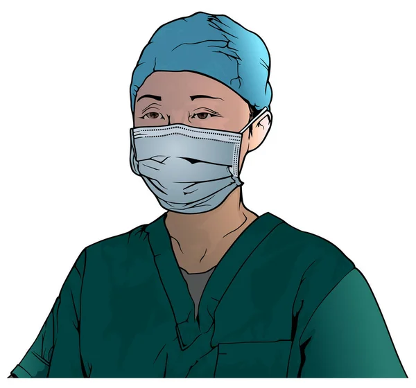 Trabalhador Saúde Vestindo Máscara Facial Médica Ilustração Colorida Vetor — Vetor de Stock