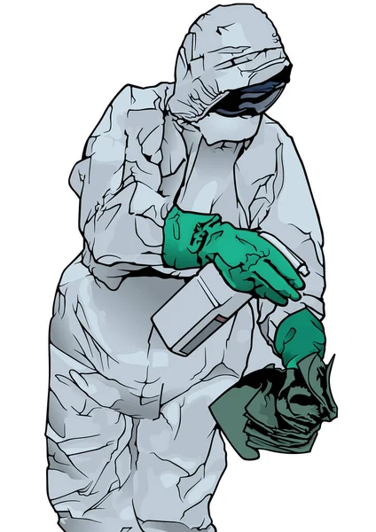 手に消毒付き保護スーツと保護マスクの男 ウイルス感染症と戦うための医学的テーマのイラスト ベクトル — ストックベクタ