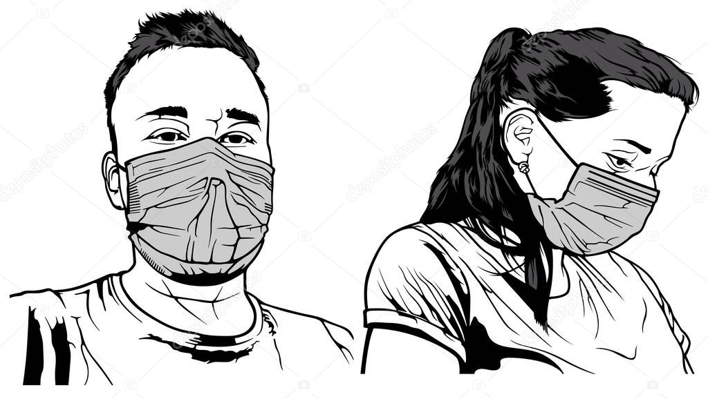 Man with Face Mask and Woman with Face Mask - Black and White Illustration, Vector Graphic