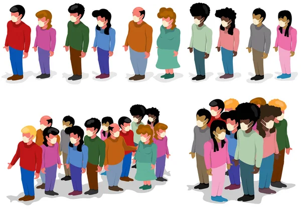 Ілюстрація Натовпу Людей Медичними Масками Обличчя Епідеміологічна Тема Захисту Людей — стоковий вектор