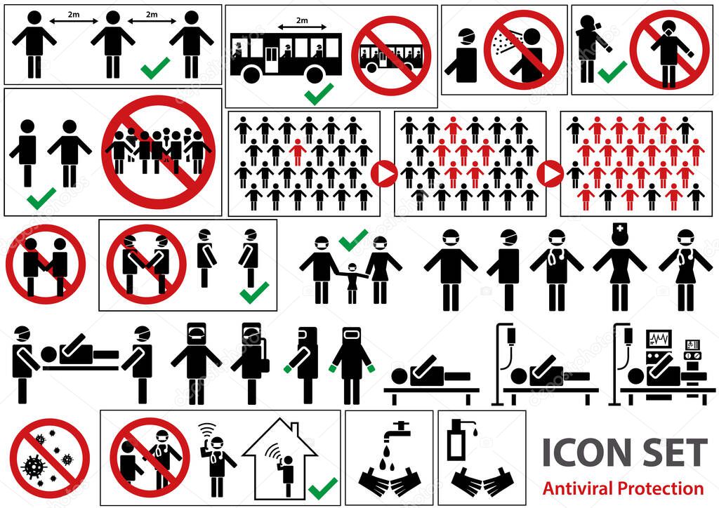 Icon Set Pandemic for Infographic or Website - Transmission and Prevention and Treatment and Recommendation, Vector Graphic
