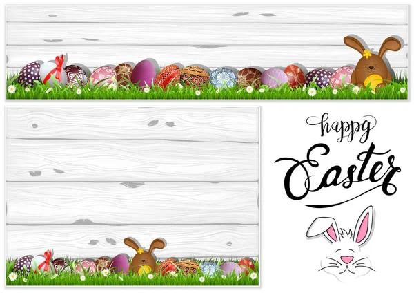 Colorful Hand Painted Easter Eggs Grass Wooden Background Illustration Website — Stock Vector