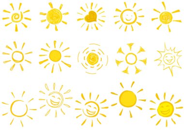 Çizilmiş Güneş Simgeleri - Simge ve Gülümseyen Çizimler Koleksiyonları, Vektör