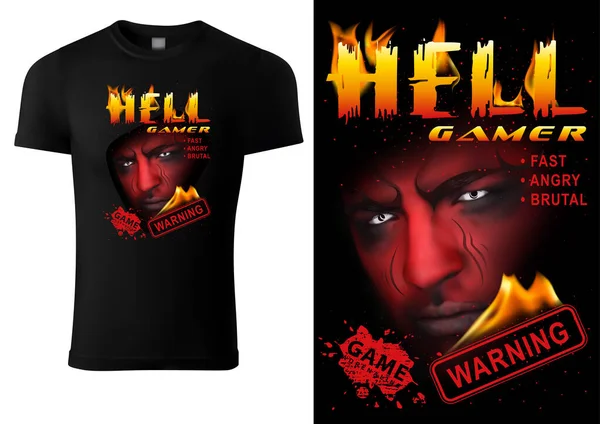 Design Camiseta Preta Para Jogador Jogos Computador Com Inscrição Hell — Vetor de Stock