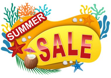 Yaz Satışı Etiketi ya da Deniz Mercanları ve Denizyıldızı ve Deniz Kabukları ile Bayrak Renkli Grafik Çizimi, Vektör