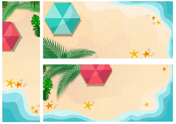 一套夏季时代背景或横幅 沙湾及海岸的彩色图画及棕榈叶和海星的遮阳图 — 图库矢量图片
