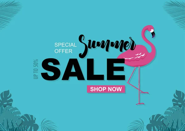 Sommar Försäljning Bakgrund Med Flamingo Och Tropiska Blad Turkos Färg — Stock vektor