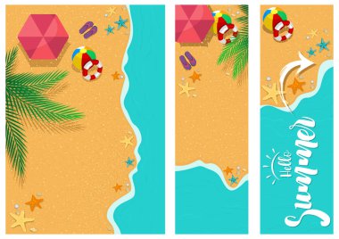 Yaz Saati Arkaplanları- Sandy Beach ve Seacoast ve Sunshade ile Renkli Resimler ve Palm Leafs ve Denizyıldızı, Vector