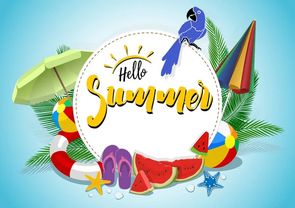 Hello Summer Vector Banner Design Fehér Kör Szöveges Színes Beach — Stock Vector