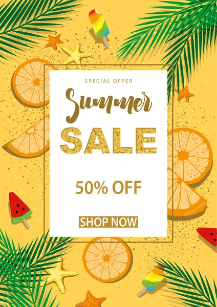 Summer Sale Banner Med Symboler För Sommartid Såsom Apelsinskivor Och — Stock vektor