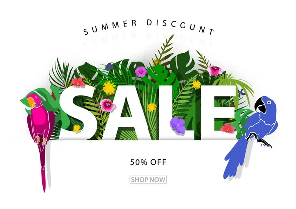 Sommar Försäljning Bakgrund Eller Banner Med Tropiska Växter Och Papegojor — Stock vektor
