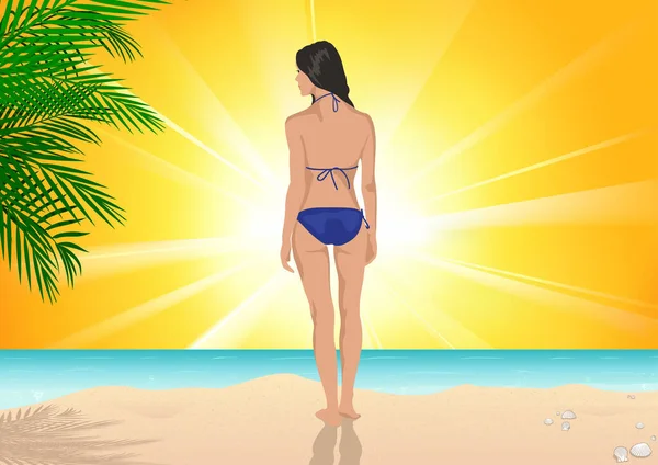 晴れた日にビーチに立つ女の子 背景とヤシの葉の海と夏の休暇のカラーイラスト ベクトルグラフィック — ストックベクタ