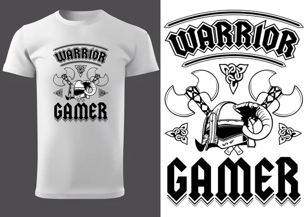 Shirt Branca Com Letras Guerreiro Gamer Design Gráfico Preto Branco — Vetor de Stock