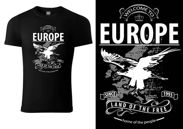 Fekete Póló Eagle Flying Map Europe Lettering Fekete Fehér Illusztráció — Stock Vector