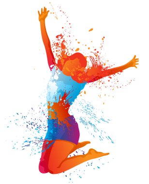 Beyaz Arkaplanda Renkli Benekli ve Sıçrayan Dansçı Kız - Soyut Çizim, Vektör Grafik