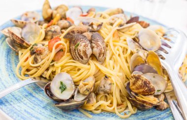 Gerçek spagetti alle vongole Napoli, İtalya