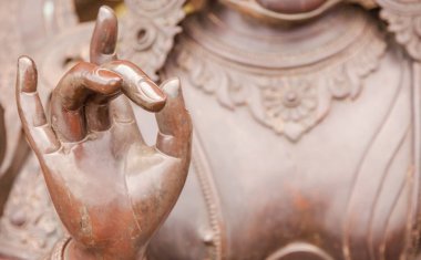 Detail of Buddha statue with Karana mudra hand position clipart