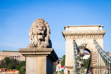 Budapeşte, Macaristan - 19 Mayıs 2017: Aslan heykeli başında 