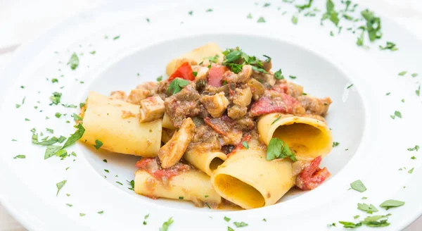Italian Paccheri pasta  with Swordfish — Stock Photo, Image