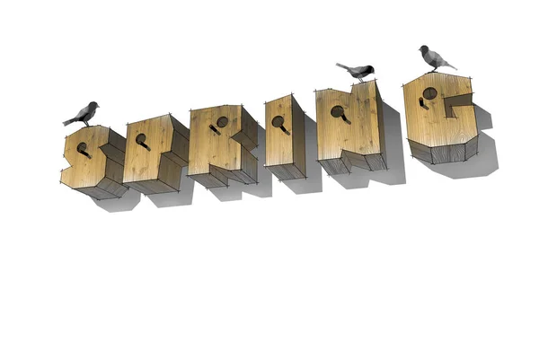 Holzbuchstaben Vogelhäuschen Wort Frühling auf weißem Hintergrund. Holzbuchstaben, Wörter — Stockfoto