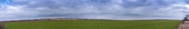 Panoramik manzara. Güzel kırsal alan, mavi bulutlu arka planda yeşil alan