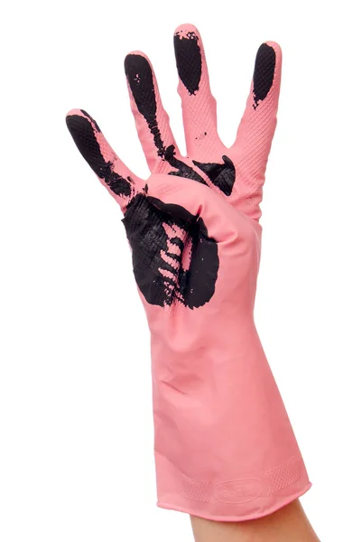 在肮脏的粉红色手套的手 — 图库照片