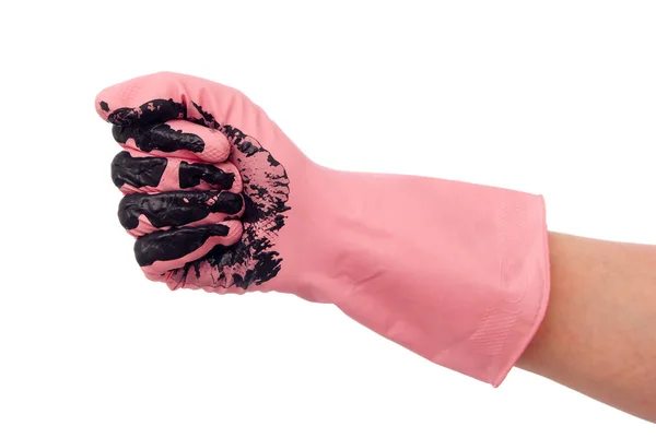 在肮脏的粉红色手套的手 — 图库照片