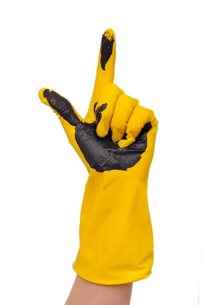 在黄色的脏手套的手 — 图库照片