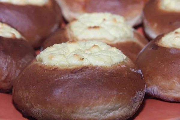 Vatrushka Pão Redondo Com Recheio Queijo Cottage Cozimento Tradicional Cozinha — Fotografia de Stock