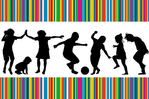 Kartı çocuklar oynarken siluetleri ile ve renkli çizgili — Stok Vektör