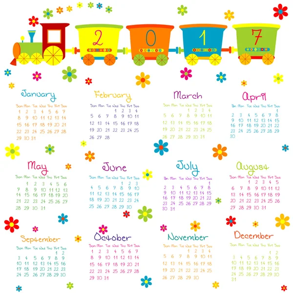 2017 Calendar with toy train and flowers — Stock Vector