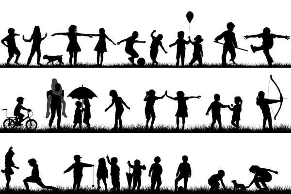 Conjunto de siluetas para niños jugando al aire libre — Vector de stock