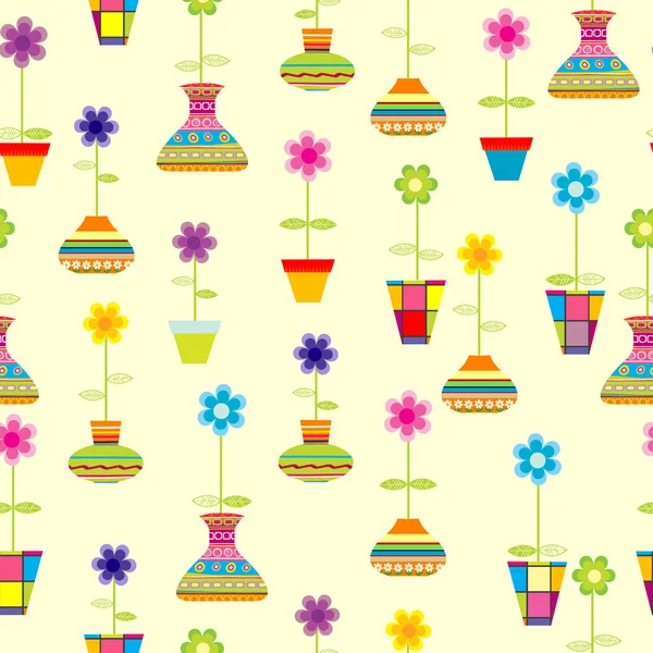 Безшовні з весняними барвистими квітами в горщиках — стоковий вектор