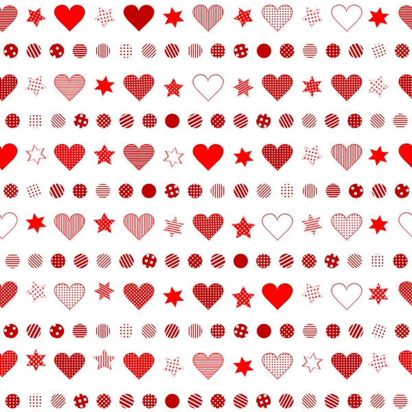Seamless background with patterned hearts, dots and stars — Stock Vector