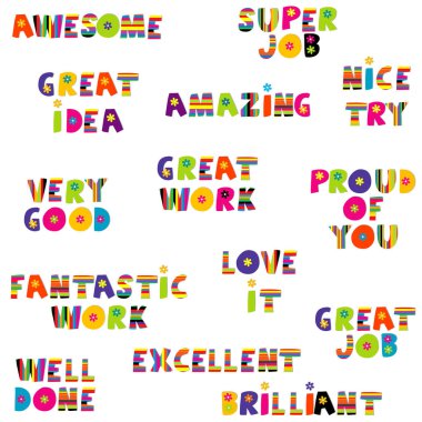 Positive feedback messages in colorful pattern clipart