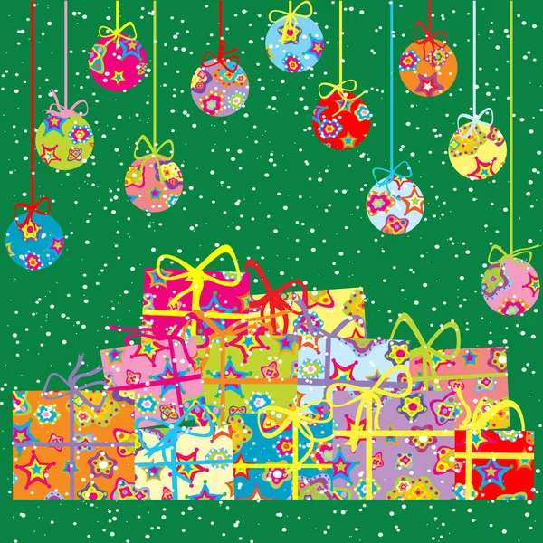 Christmas background with present boxes and balls — Stock Vector