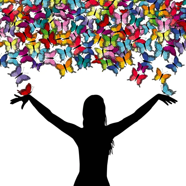 Silhouette femme aux papillons — Image vectorielle