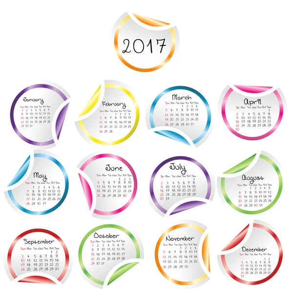 Calendar 2017 with round glossy stickers — Stock Vector