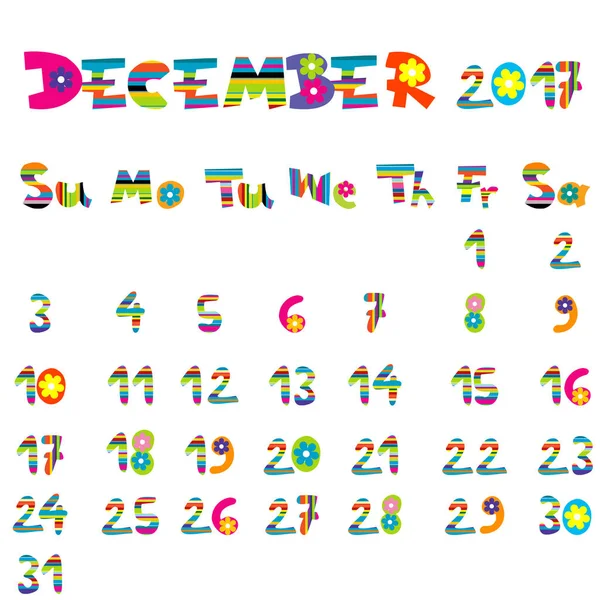 Dezembro 2017 Calendário — Vetor de Stock