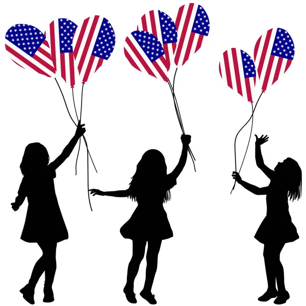 Girls silhouettes with US patriotic balloons — Stock Vector