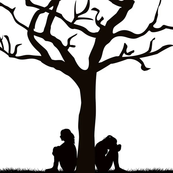 悲伤的妇女坐在一棵树下 — 图库矢量图片