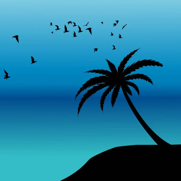 Пальмовий силует і птахи летять на березі — стоковий вектор