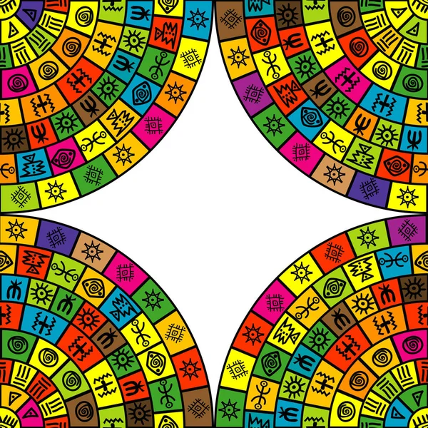 Marco abstracto con formas redondas y símbolos étnicos — Archivo Imágenes Vectoriales